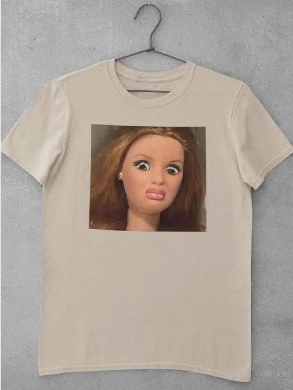 Neutral Beige Graphic Tee with Doll Face Print - Women Hair
